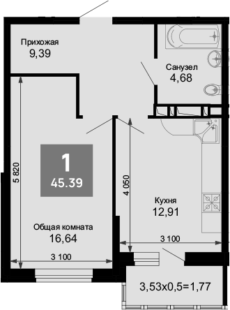 1-комн., 44.09 м², 4/15 этаж, ЖК «Лучший»