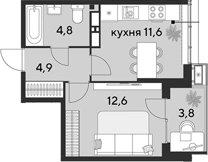 1-комн., 33.9 м², 18/18 этаж, ЖК «Парк Победы»