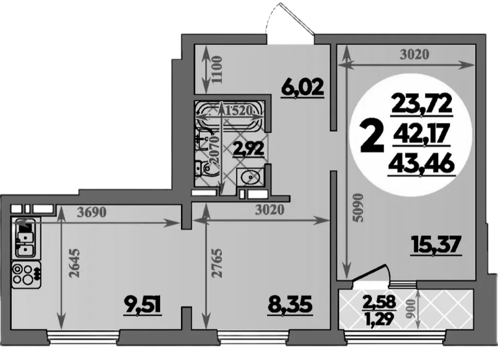 2-комн., 42.17 м², 7/8 этаж, ЖК «Молодежный 2»