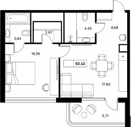 1-комн., 47.41 м², 6/8 этаж, ЖК «Гостиничный комплекс Белые ночи»