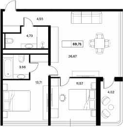 2-комн., 64.89 м², 2/6 этаж, ЖК «Гостиничный комплекс Белые ночи»