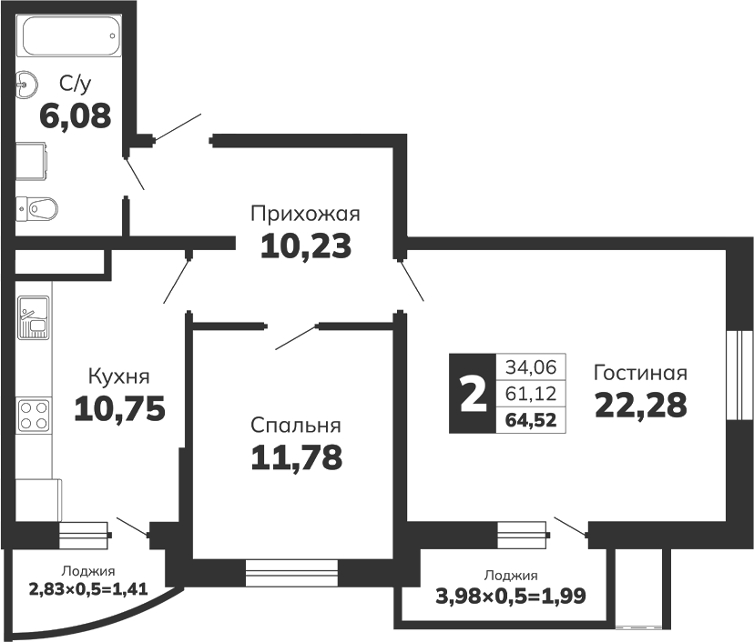 2-комн., 61.12 м², 5/16 этаж, ЖК «Кутузовский. ООО К-1»