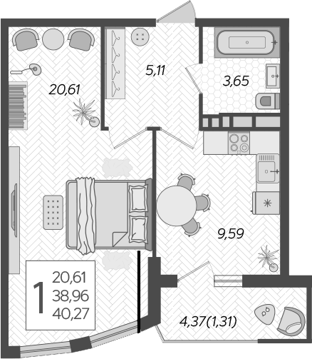 1-комн., 38.96 м², 19/21 этаж, ЖК «Режиссер»