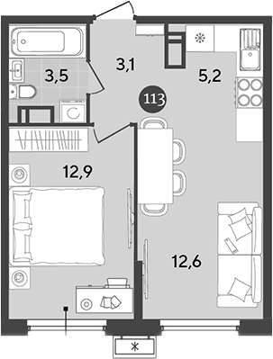 2-комн., 37.3 м², 13/18 этаж, ЖК «Порто-Ново»