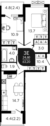 3-комн., 60 м², 2/23 этаж, ЖК «Отражение»