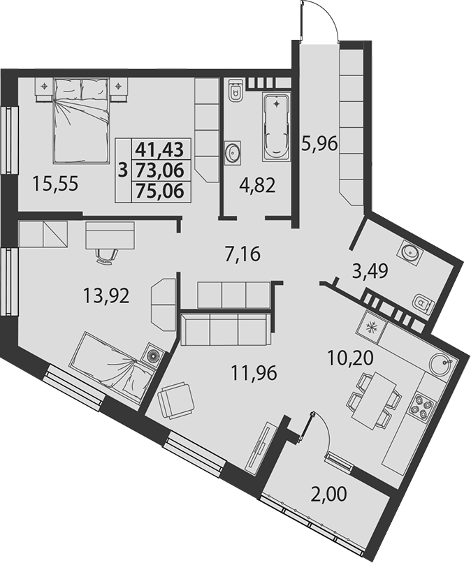 3-комн., 73.06 м², 2/7 этаж, ЖК «жилой квартал «Белые Росы (Динская)»»
