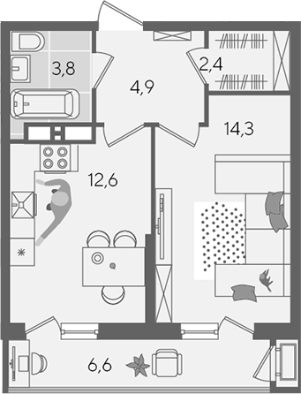 1-комн., 38 м², 11/24 этаж, ЖК «Рекорд»