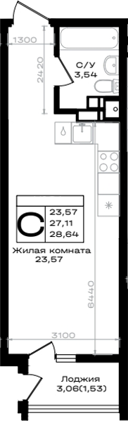 Студия, 27.11 м², 5/9 этаж, ЖК «ЮЖНО»