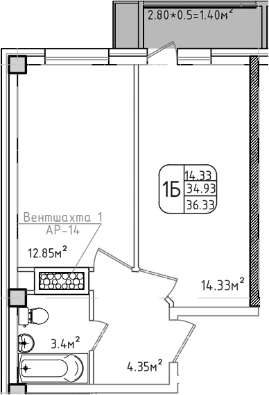 1-комн., 34.93 м², 5/8 этаж, ЖК «Моё»