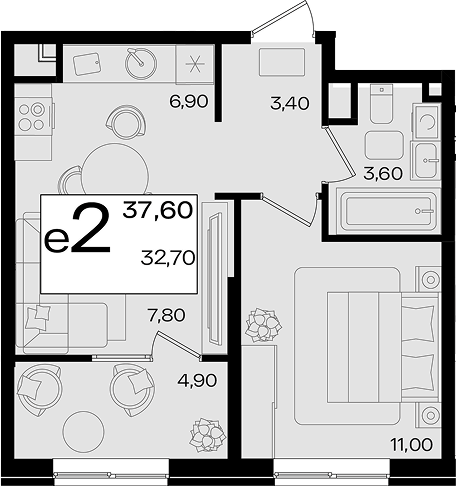 2-комн., 32.7 м², 4/9 этаж, ЖК «Патрики»