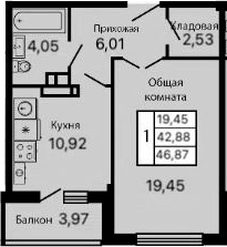 1-комн., 42.9 м², 3/9 этаж, ЖК «Атмосфера»
