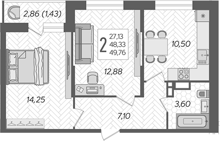 2-комн., 48.33 м², 10/16 этаж, ЖК «Смородина»