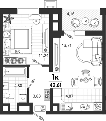 1-комн., 38.45 м², 2/18 этаж, ЖК «Родные Просторы»
