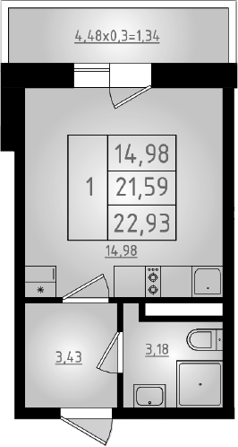 Студия, 21.59 м², 2/8 этаж, ЖК «Мега 2»