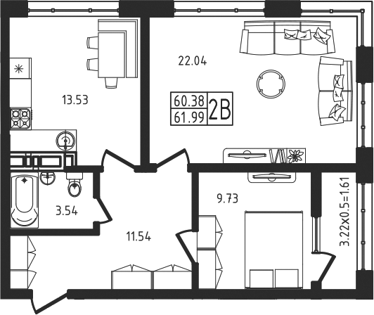 2-комн., 60.38 м², 2/9 этаж, ЖК «Яблоневый»