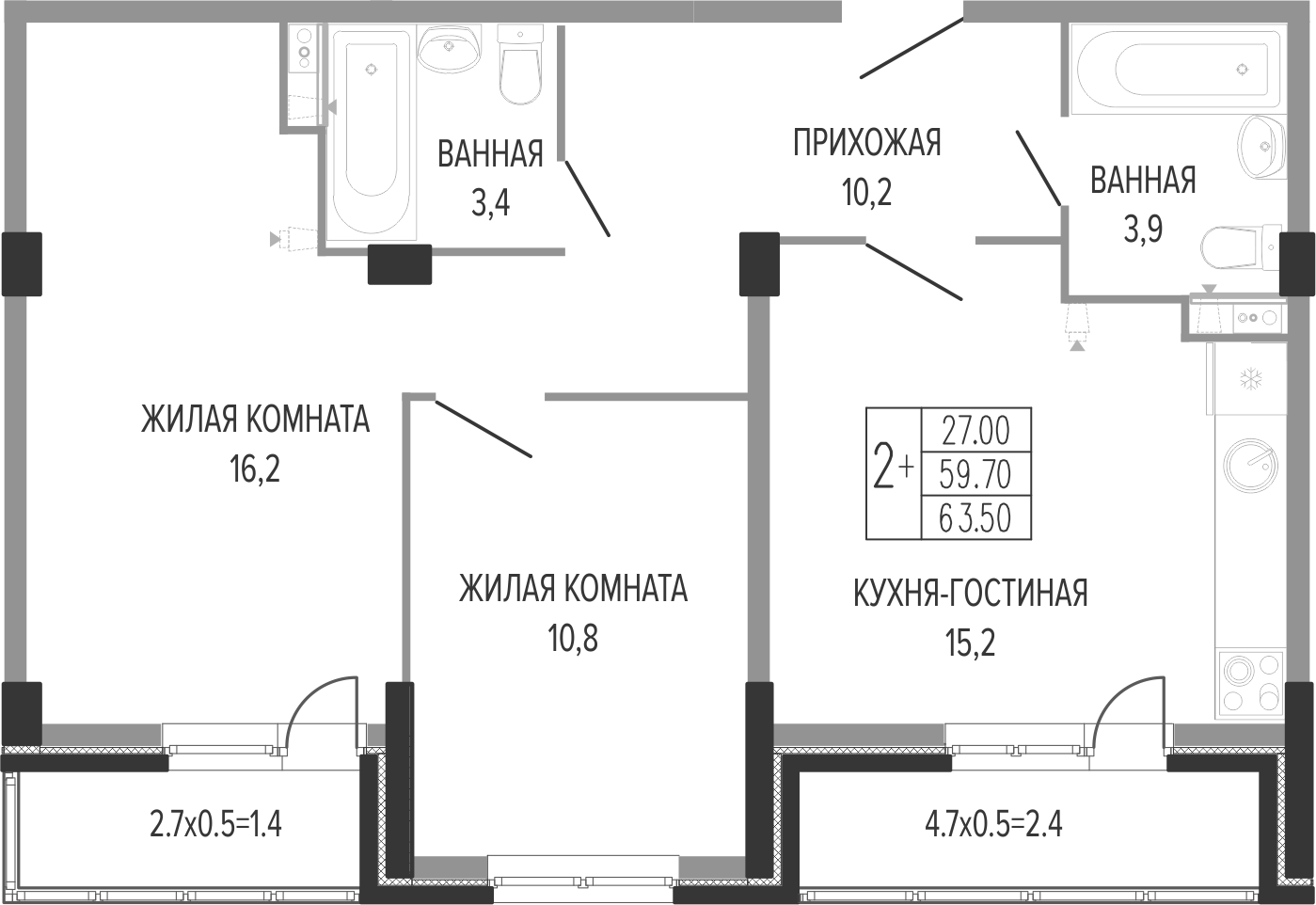 3-комн., 59.7 м², 4/7 этаж, ЖК «Екатерининский парк»