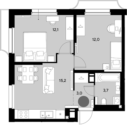 3-комн., 46 м², 8/18 этаж, ЖК «Грейд»