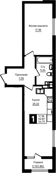 1-комн., 52.87 м², 5/18 этаж, ЖК «Резиденция морей»