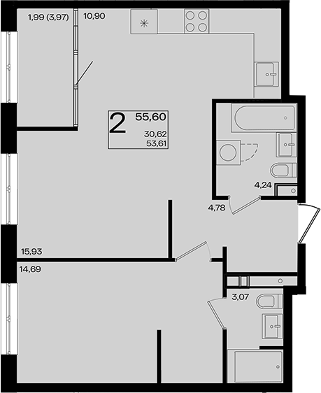 2-комн., 53.61 м², 13/18 этаж, ЖК «Патрики»