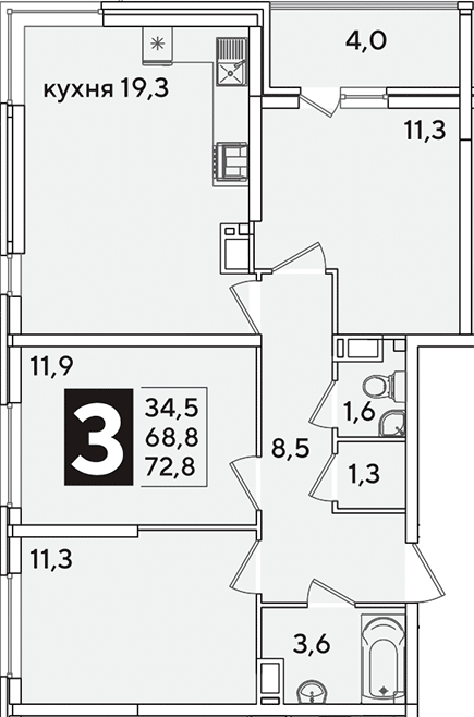 4+ комнаты, 68.8 м², 13/16 этаж, ЖК «Самолет»