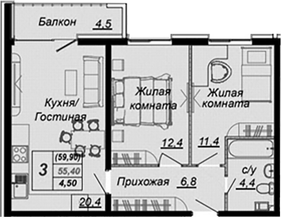 2-комн., 55.4 м², 13/15 этаж, ЖК «Чайные Холмы»