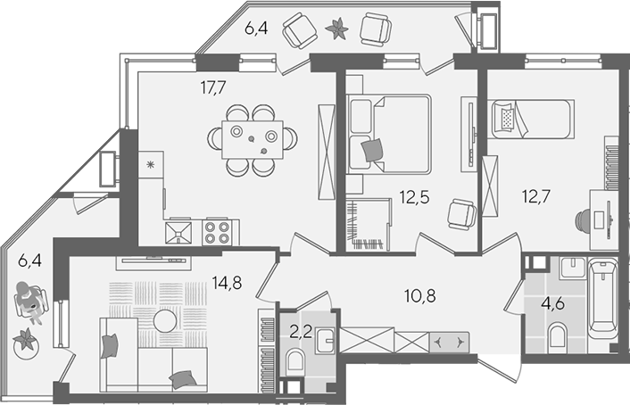 4+ комнаты, 75.3 м², 3/24 этаж, ЖК «Рекорд»