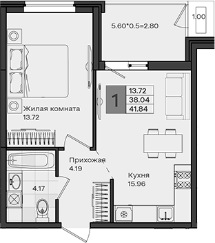 1-комн., 38.04 м², 8/8 этаж, ЖК «МОНО квартал»