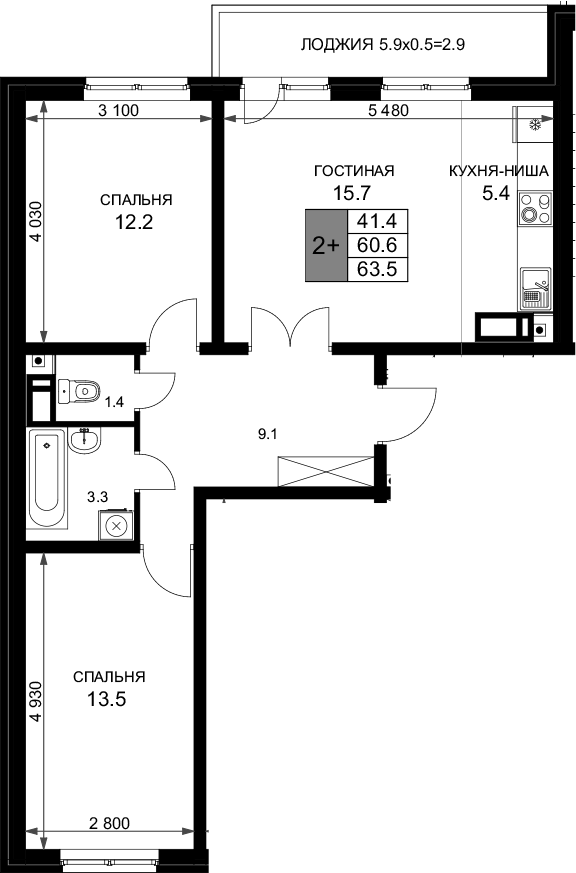 Продается 3-комн. квартира, 60.6 м²