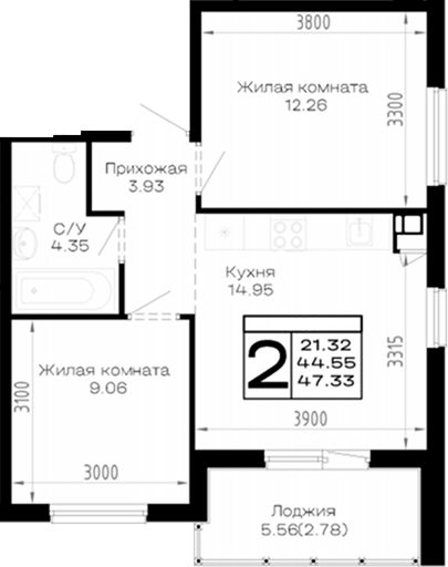 2-комн., 44.55 м², 2/4 этаж, ЖК «Усадьба Гостагаевская»