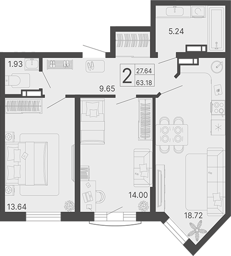 2-комн., 63.18 м², 12/13 этаж, ЖК «Светский лес»