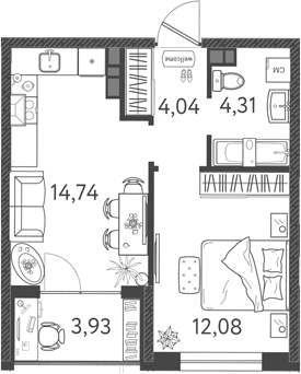 1-комн., 35.17 м², 4/9 этаж, ЖК «Друзья»