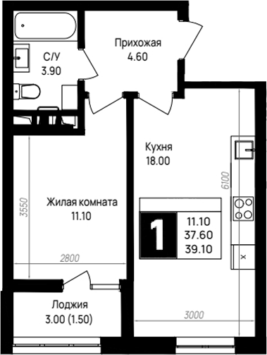 1-комн., 37.6 м², 6/9 этаж, ЖК «На высоком берегу»