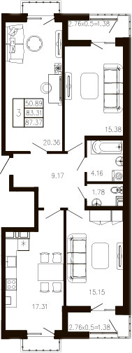 3-комн., 84.64 м², 4/9 этаж, ЖК «Суворов»