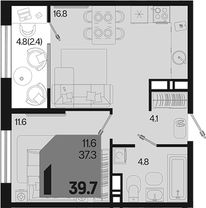 1-комн., 37.3 м², 15/18 этаж, ЖК «Первое место»