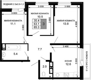 3-комн., 63.1 м², 9/16 этаж, ЖК «Дыхание»