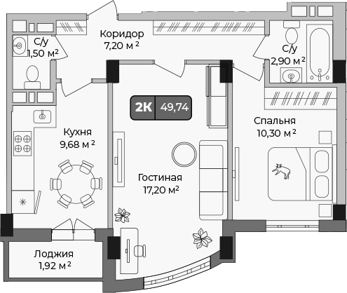 2-комн., 48.78 м², 6/9 этаж, ЖК «Опера»
