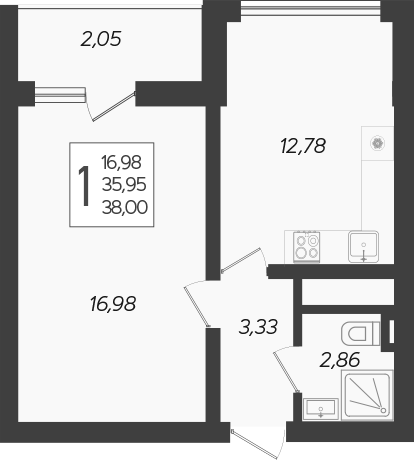 1-комн., 35.95 м², 13/19 этаж, ЖК «Кислород»
