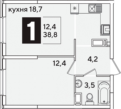 2-комн., 38.8 м², 10/16 этаж, ЖК «Самолет»