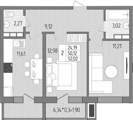 2-комн., 50.12 м², 8/8 этаж, ЖК «Сады у моря»