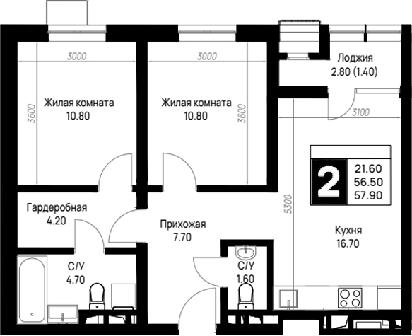 2-комн., 56.5 м², 9/12 этаж, ЖК «На высоком берегу»