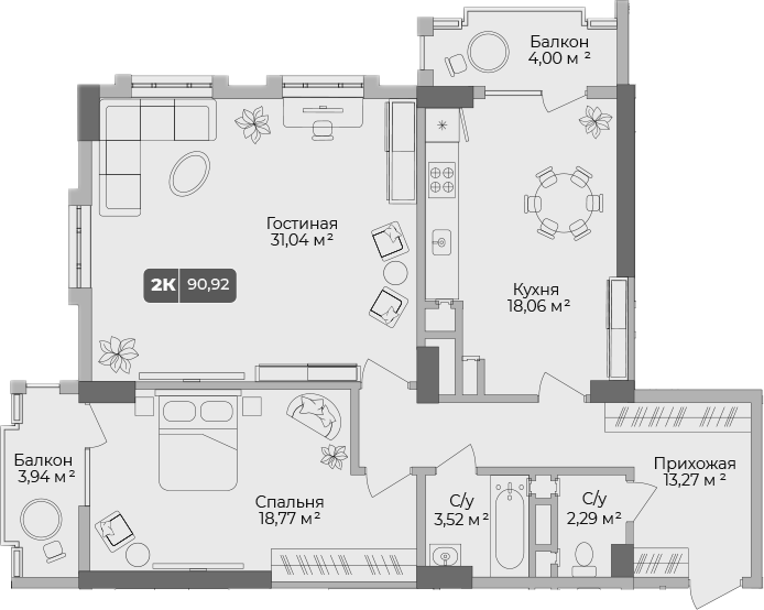2-комн., 88.54 м², 10/17 этаж, ЖК «Золотой берег. СЗ Среда»