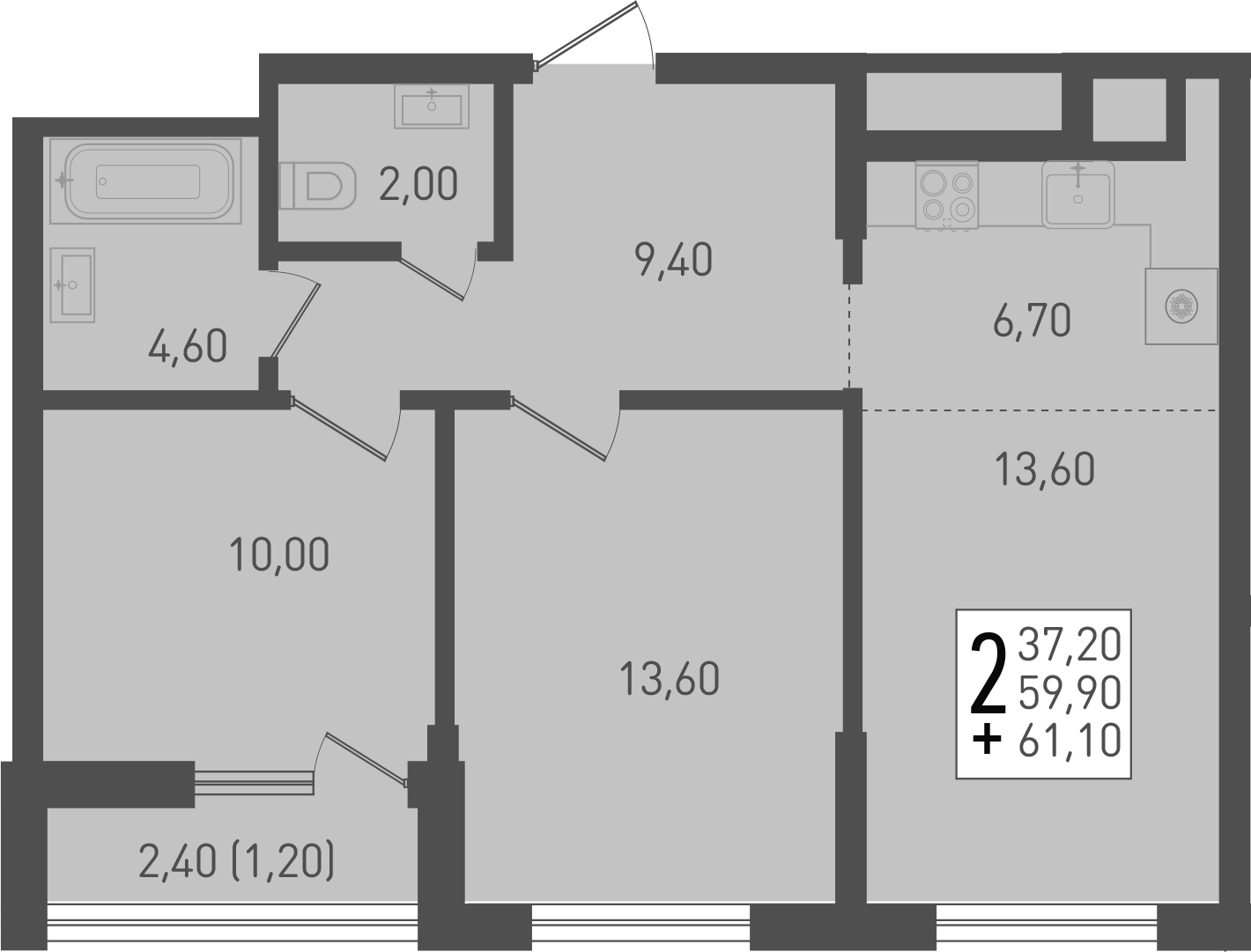 3-комн., 59.9 м², 2/8 этаж, ЖК «Югге»