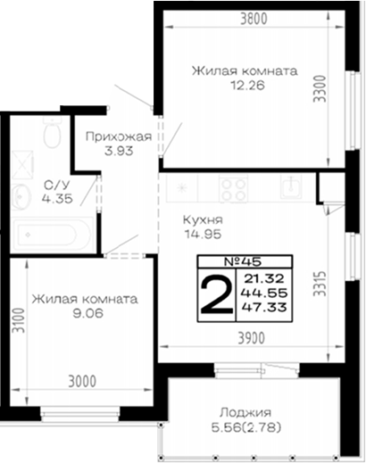 Продается 2-комн. квартира, 44.55 м²