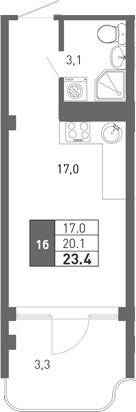 Студия, 19.15 м², 1/3 этаж, ЖК «Монако»