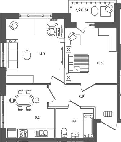 2-комн., 45.9 м², 3/7 этаж, ЖК «Сиреневый бульвар»