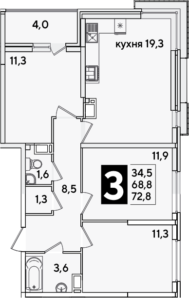 4+ комнаты, 68.8 м², 11/16 этаж, ЖК «Самолет»