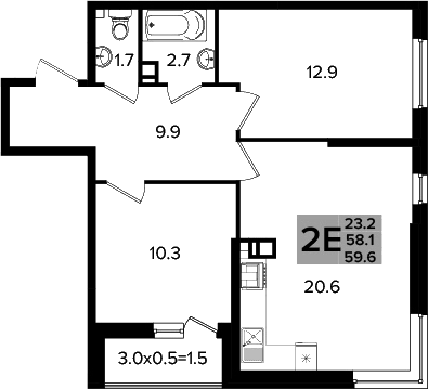 3-комн., 58.1 м², 9/16 этаж, ЖК «Сармат»