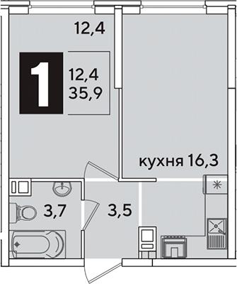 2-комн., 35.9 м², 3/16 этаж, ЖК «Самолет»