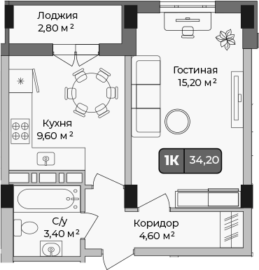 1-комн., 32.8 м², 8/9 этаж, ЖК «Опера»