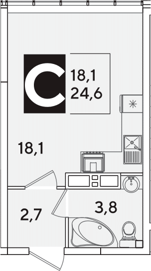 Студия, 24.6 м², 15/16 этаж, ЖК «Самолет»